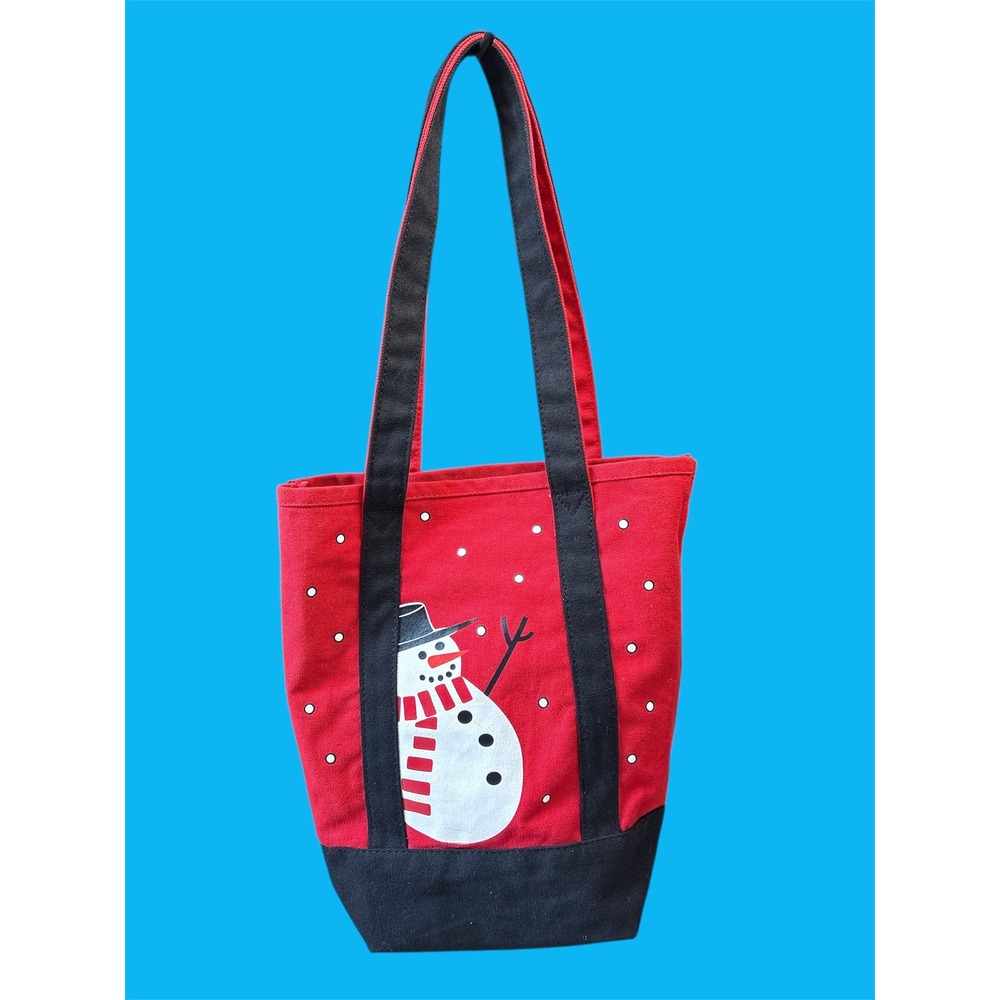 Canvas Tote Bag Red Black Snowman Holiday Christmas Winter Casual